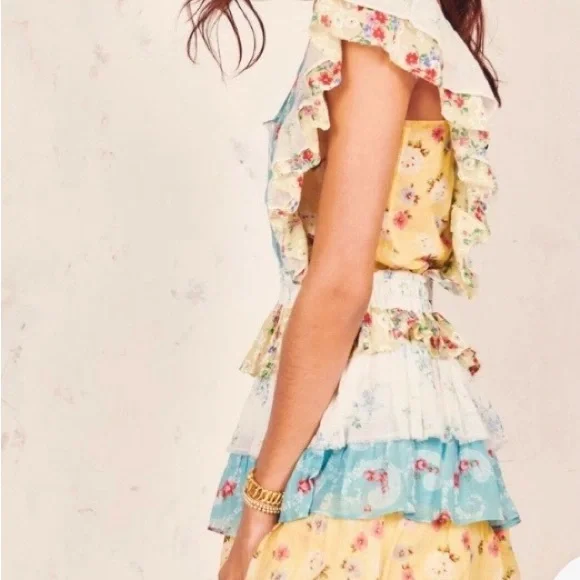 LoveShackFancy Phyllis Ruffled patchwork  floral Cotton mini Dress Cottagecore M - Picture 2 of 8